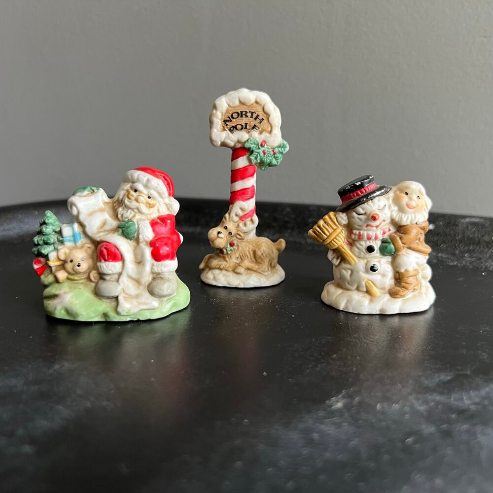 VTG Mercuries Christmas Figurines Santa, Snowman and Reindeer w/ North Pole Sign
